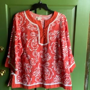 Orange and white linen tunic with white piping